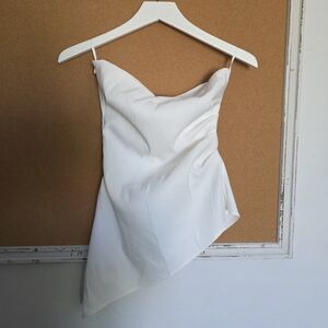 Zara White Asymmetrical Strapless Mini Dress with Draped Bodice